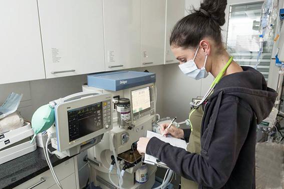 Anästhesistin mit Mundschutz überwacht den Patienten über den Monitor und trägt die Daten in das OP Protokoll