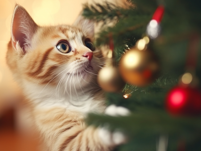 Katzenbaby spielt mit Christbaum